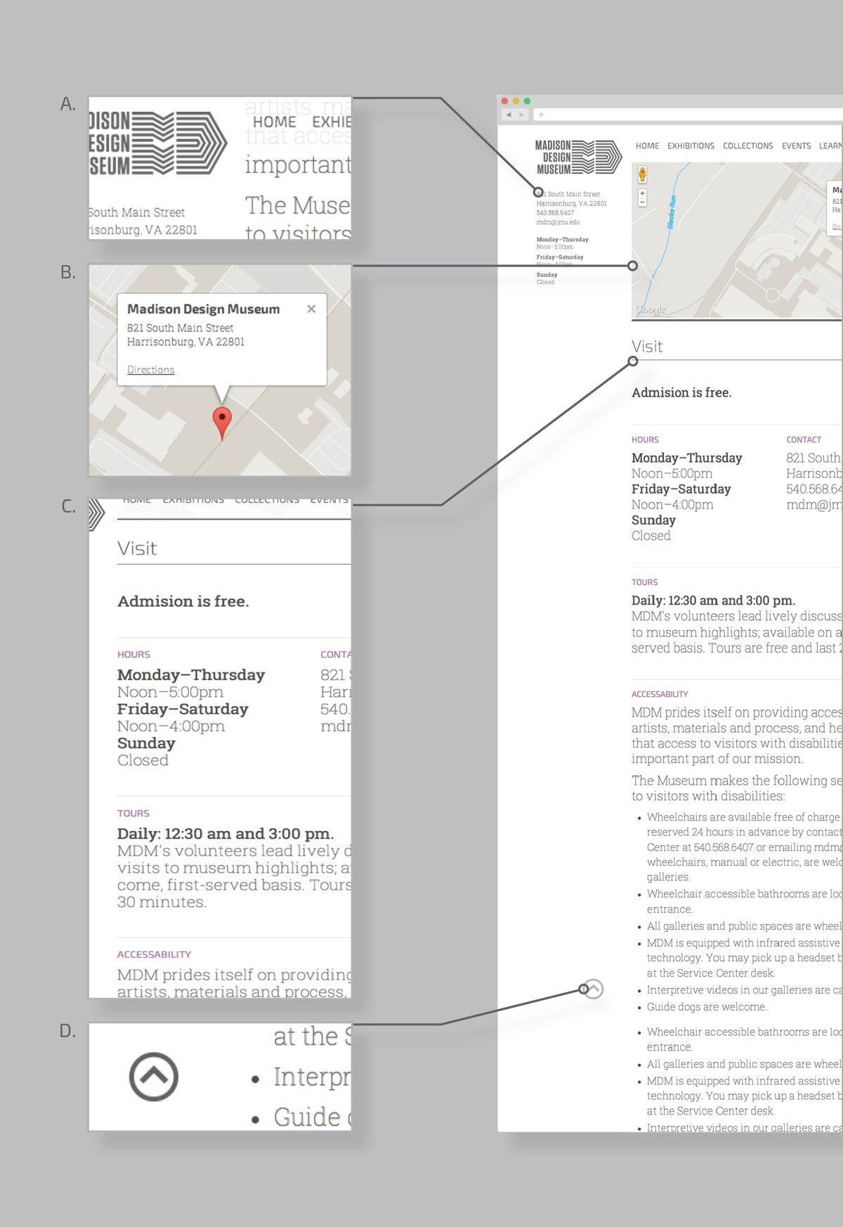 Detail Highlighting Static Navigation, Map, Typography, and Scroll Button