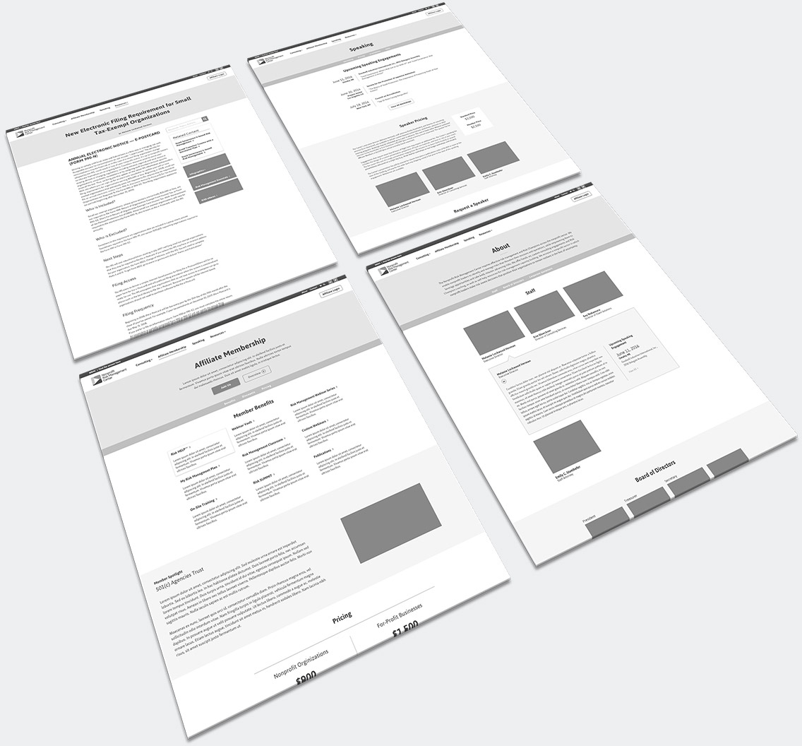 Affiliate Membership Page, About Page, Speaking Page, and Example Resource Post Mid-Fidelity Wireframes
