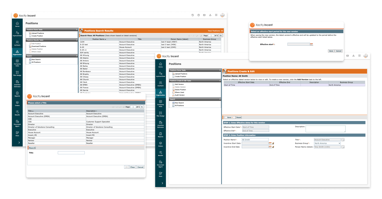Screen shots of the Position page in Incent