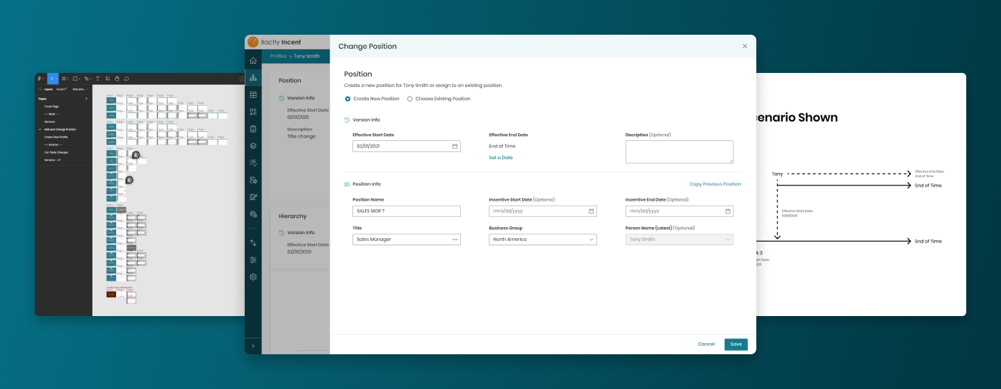 Mockup of final change position design, Figma file, and scenario diagram