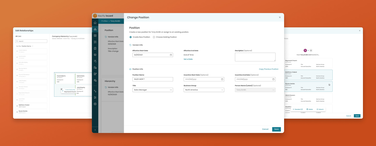 Mockup of Profiles screens for change position, edit hierarchy relationships, and edit named relationships
