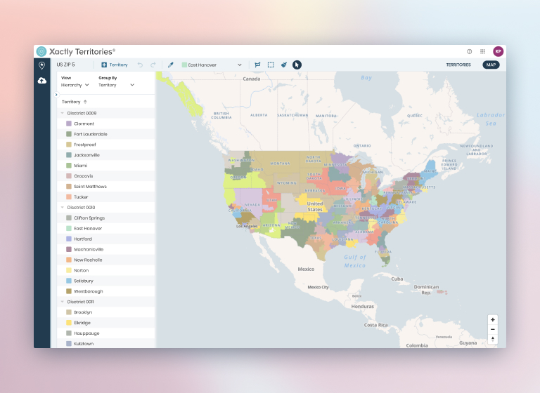 An example of a sales territory model created with Xactly Territories