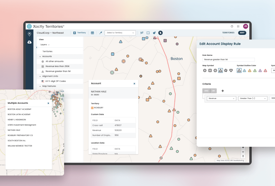 Accounts visualized on the map with account data and the modal for creating account display rules overlaying it